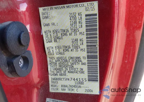 2015 Nissan Frontier Sv-I4 from USA, damaged, VIN 1N6BD0CT5FN744155